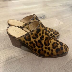 Madewell Leather Leopard-Print Block Heel Mules in Brown and Black